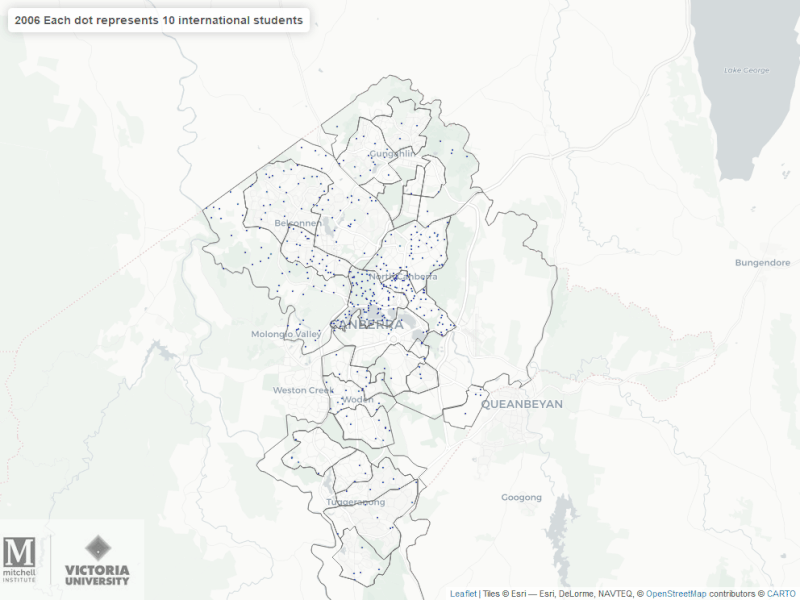 map of Canberra suburbs showing growth in international student numbers since 2006. Text alternative is provided under the heading 'Canberra map text alternative'