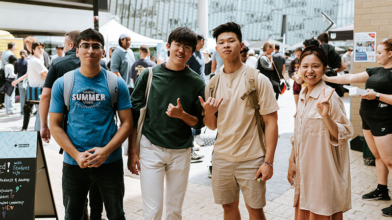  4 students outside at O-Fest at Footscray Park campus