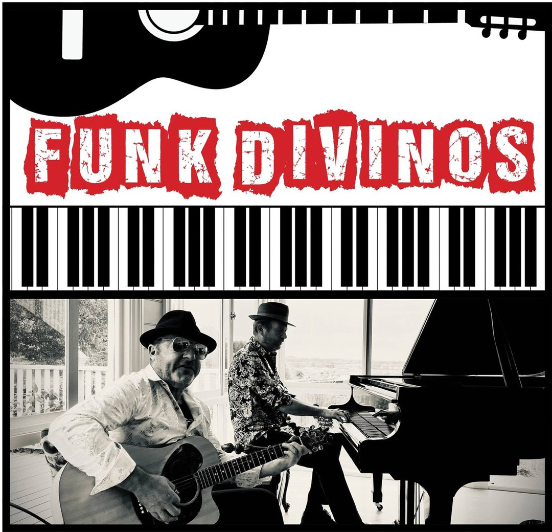 Guitar and piano key illustration with the words Funk Divinos between them. Beneath the image is a photo of a man playing guitar and another man playing piano.