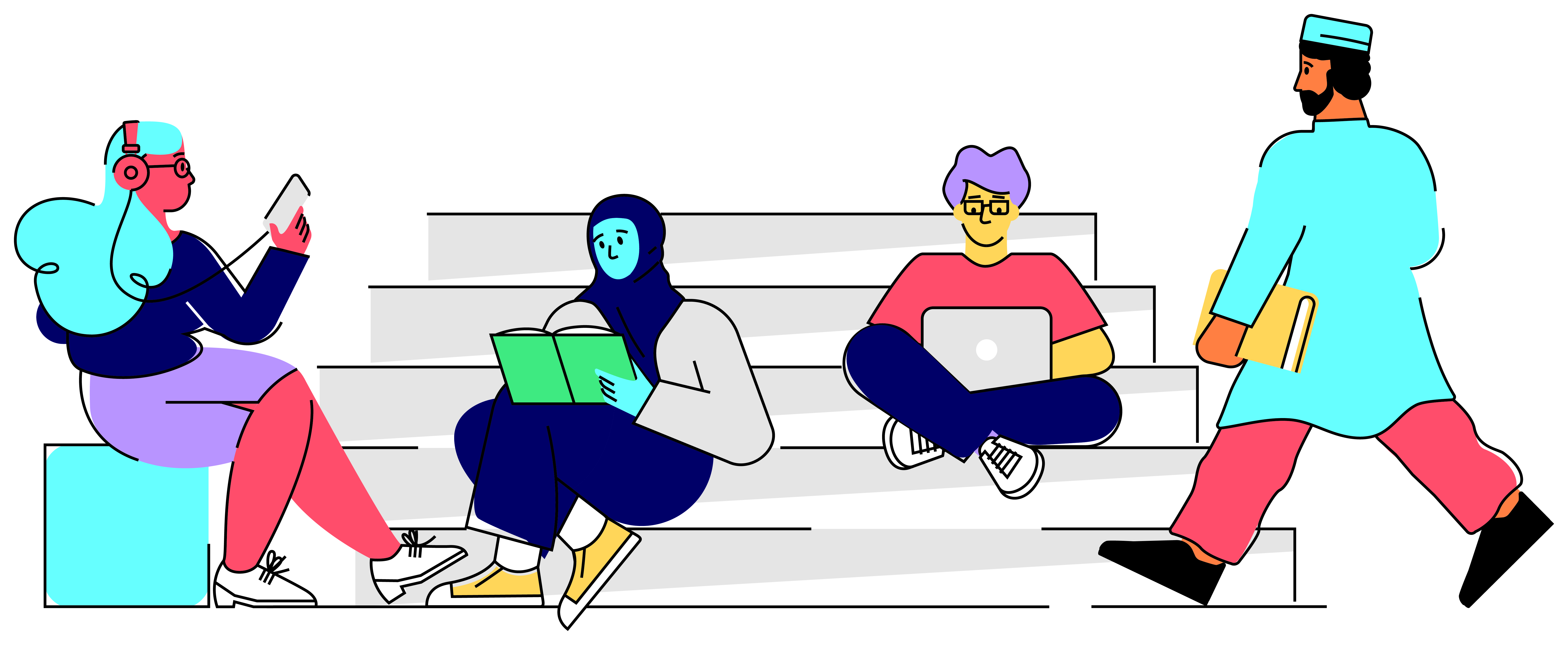 an illustration of students on the steps on campus, studying and listening to music