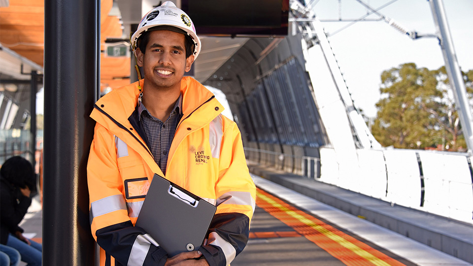  	VU Engineering graduate and Level Crossing Removal Authority employee Kav Dassanayake on site.