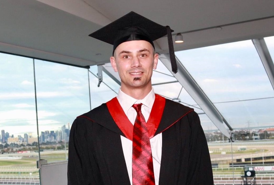 Valedictorian Mark, graduating with his Masters of Teaching (Secondary Education) posing at Fleminton Racecourse before the ceremony