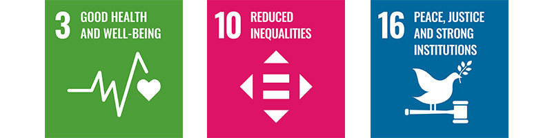 UN SDG icons, 3 with heartbeat, 10 with shape showing = and 4 arrows, 16 with dove, gavel & olive branch