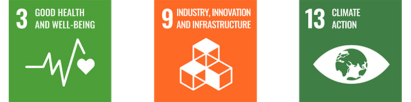 SDG logos 3, hearbeat icon; 9, blocks icon; 13, eye with planet as iris
