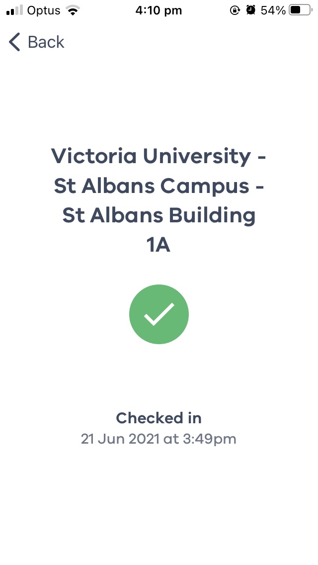 Phone screen showing a Service Australia check in at the Victoria University St Albans Campus, Building 1A