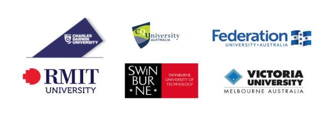 Logos of the 6 dual sector universities in Australia- CDU,CQU,Federation University, RMIT, Swinburne, Victoria University