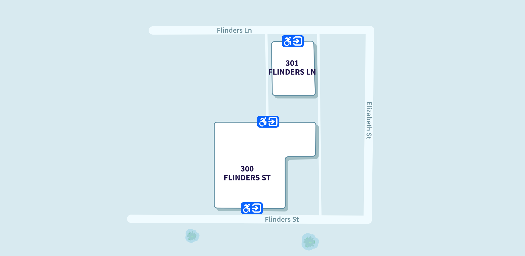 Map of Victoria University City Flinders (300 Flinders Street) and City Flinders Lane (301 Flinders Lane) campuses showing accessible entrances - the north side of 301 Flinders Lane and the north and south entrances of 300 Flinders Street.