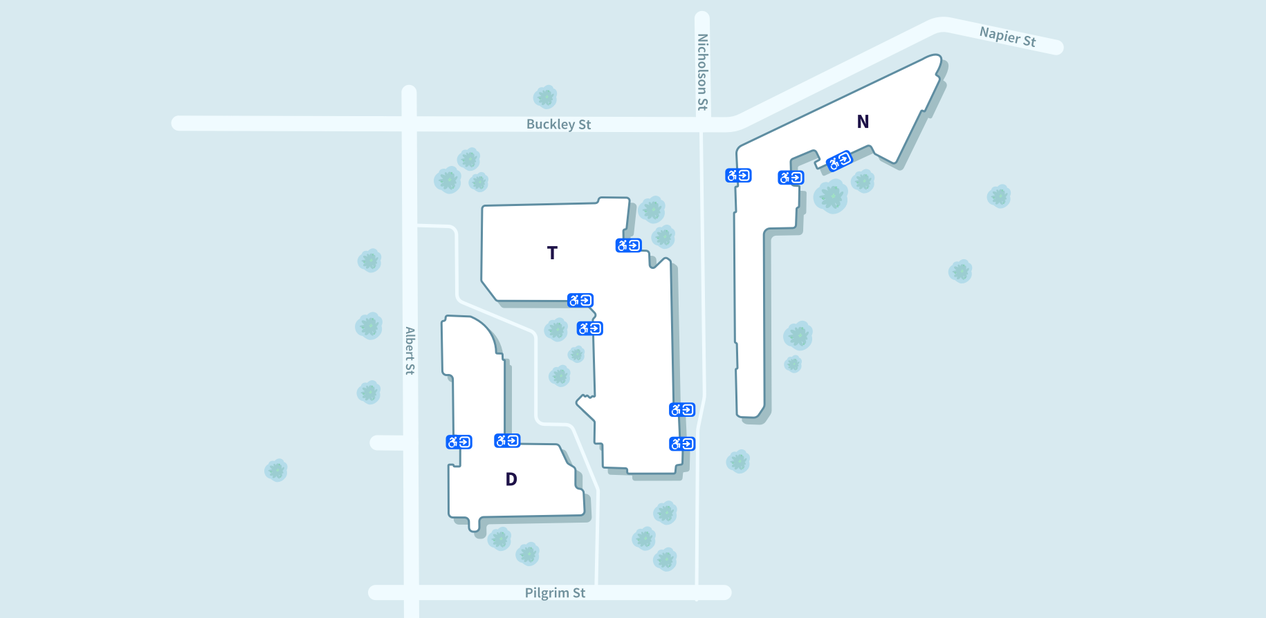 Map of Victoria University Footscray Nicholson Campus showing Buildings D, T and N, all with accessible entrances.