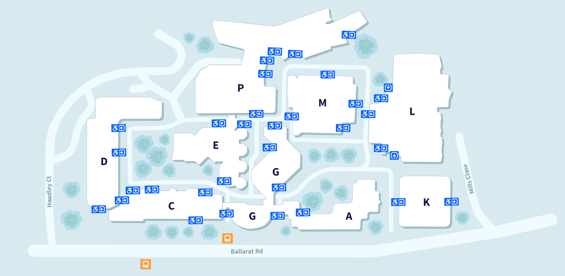 Map of VU's Footscray Park Campus showing Buildings D, C, G, E, P, M, L and K, and accessible entrances at each building.