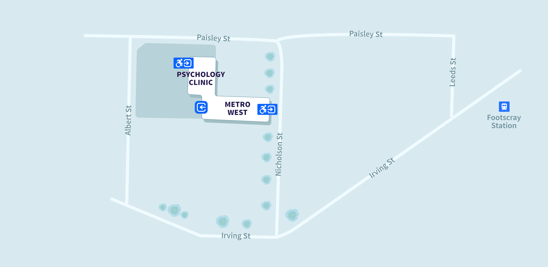 Building map of VU at MetroWest in Footscray, showing the Psychology Clinic and MetroWest. There are three entrances shown, two of which are accessible (Paisley St and Nicholson St).