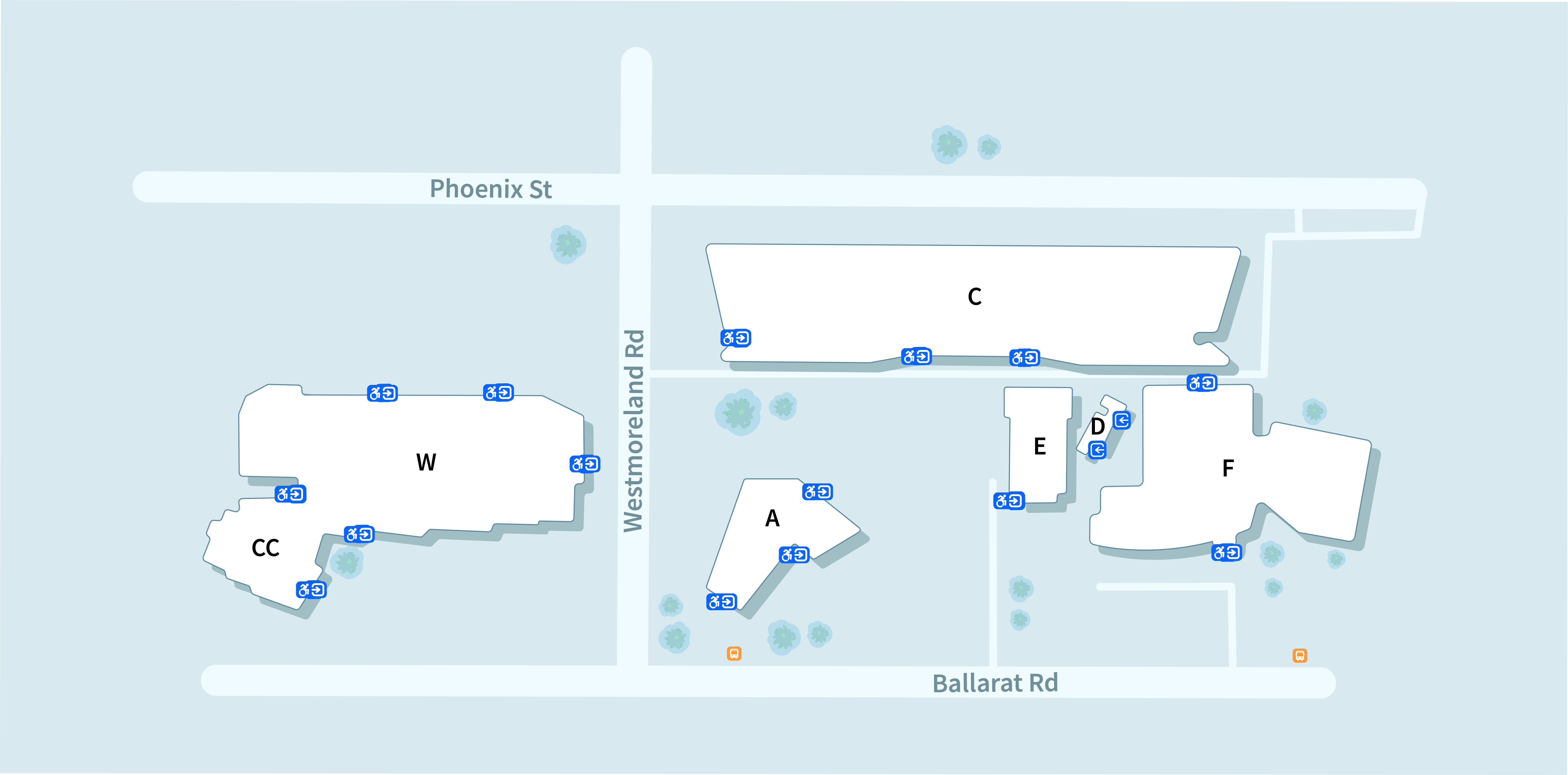 VU Sunshine Campus map showing the following buildings and their accessible entrances, from L-R: W, C, E, D, F. Westmoreland Rd separates Building W from the others.