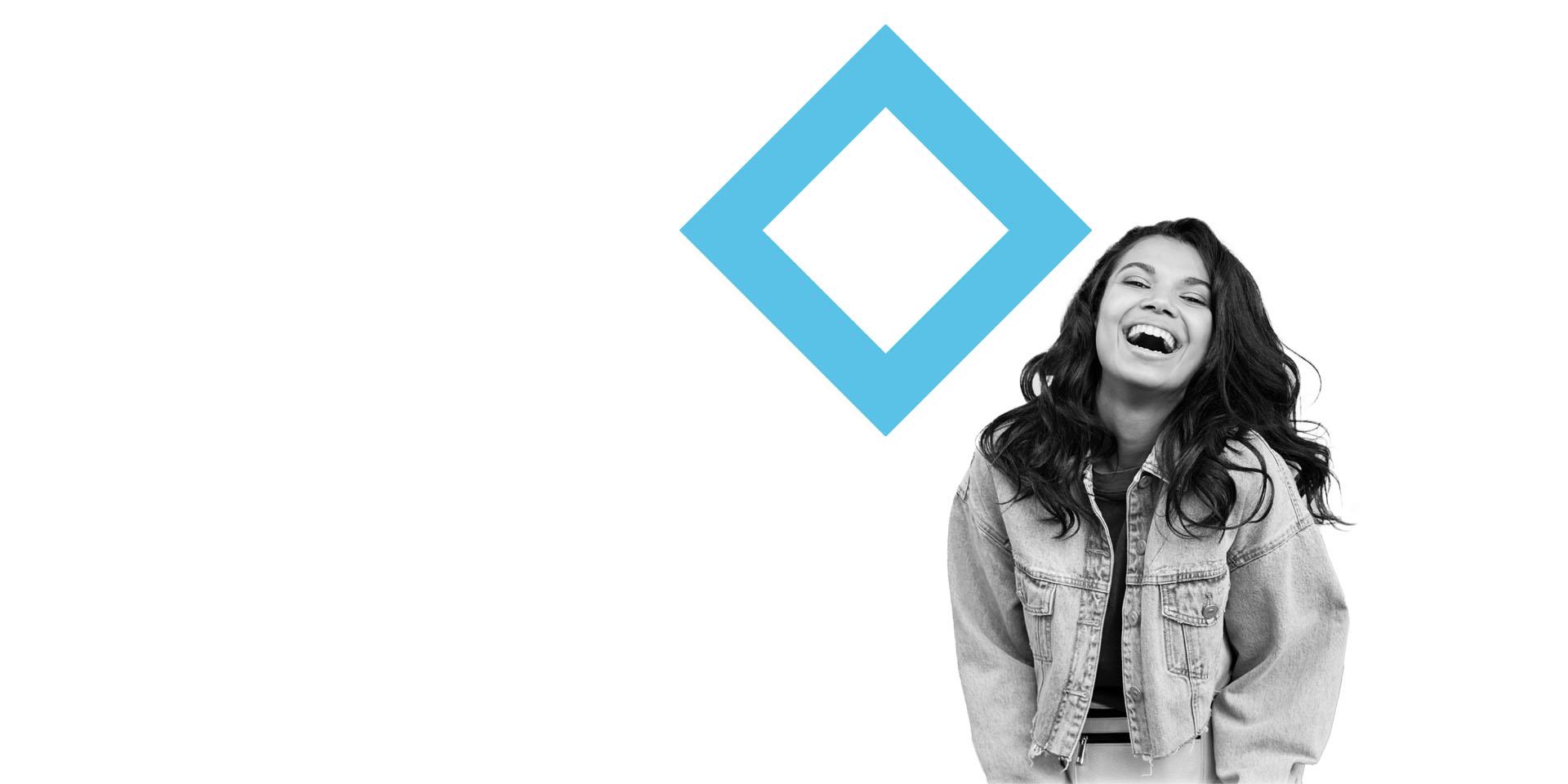  A student rendered in black and white stands next to the VU blue diamond.
