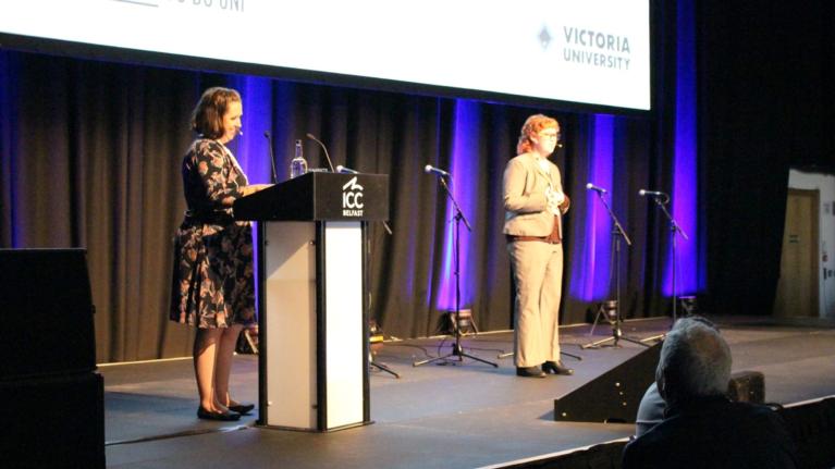  Jane and Honour Hickey delivering their keynote presentation at the Education Authority Conference.