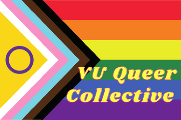 Progress Pride flag with the words 'VU Queer Collective'