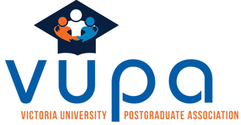 Victoria University Postgraduate Association logo showing intitialism VUPA and icon of 3 stylised figures on a graduate cap 