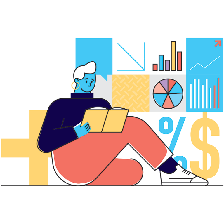 Illustration of a person reading a book, surrounded by money symbols
