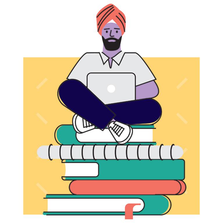 colourful illustration of a Sikh student sitting on books, using a laptop