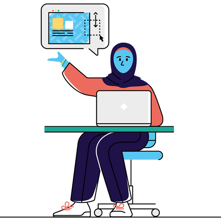 Illustration of a person wearing a headscarf, explaining a web design element
