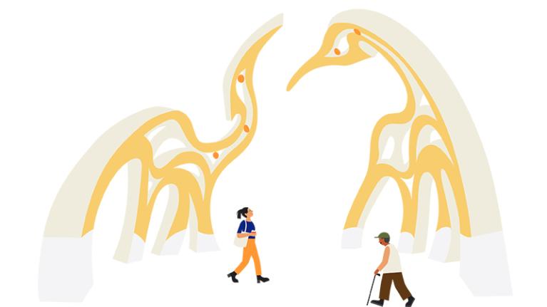  An artist's depiction of the Saigon Welcome Arch, which focuses on two largen golden cranes.