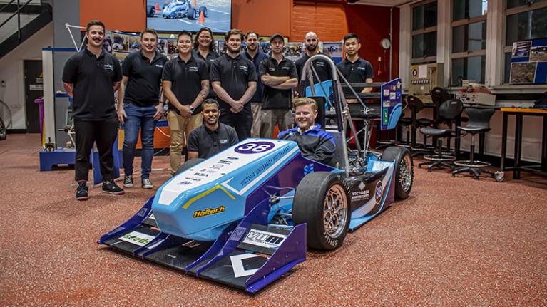  Victoria University Motorsports SAE car with students