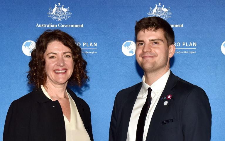 VU NCP scholar Scott Fordyce with DFAT's Clare Walsh.