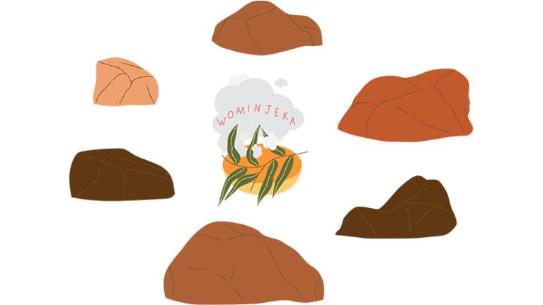  A drawing of rocks surrounding a branch with leaves and the word 'wominjeka'.