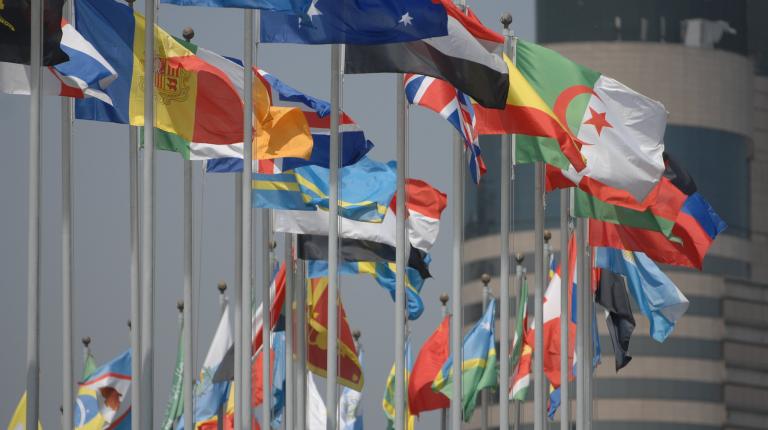  many countries' flags on flagpoles