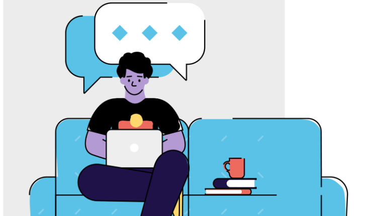 colourful illustration of student wearing Aboriginal flag t-shirt, using a computer at home
