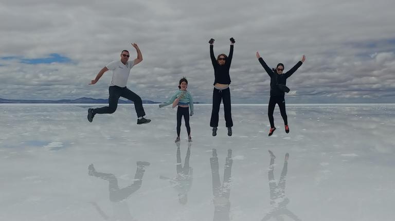 The Miller family at Salar de Uyuni salt flats, Bolivia The Miller family at Salar de Uyuni salt flats, Bolivia.