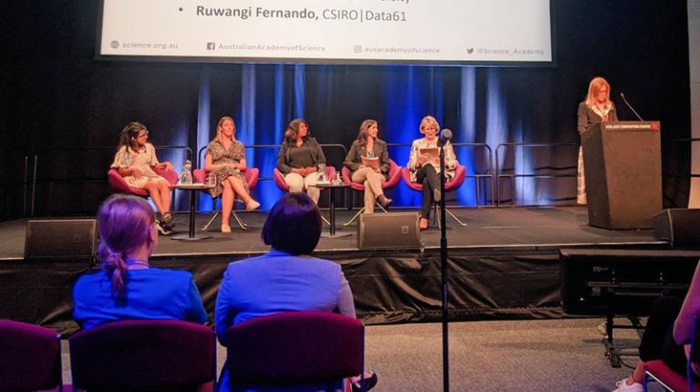 Jerusha and Ruwangi on the AAS 'Catalysing Gender Equity' panel Panel of women on stage