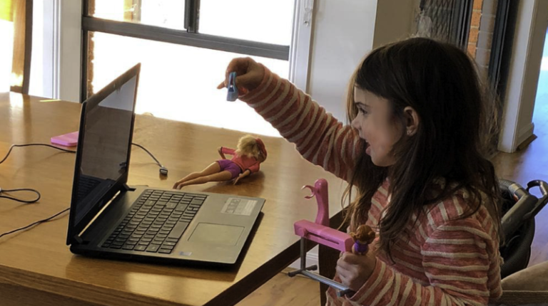 Five-year-old Sadie is part of the Remote Placement for Early Childhood at VU program Five-year-old Sadie shows her dolls during Phoebe's virtual placement