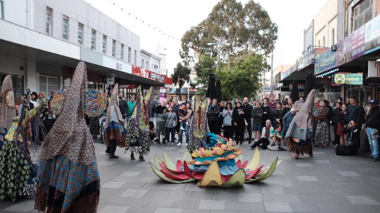 Snuff Puppets performing in Nicholson Street Mall for One Night in Footscray, 2019