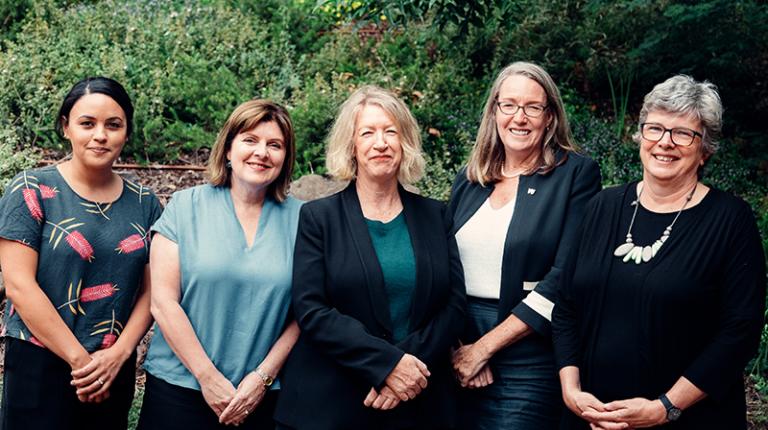 VU Gender Equity Committee members Sara Austin, Kym Bakaric, Jennifer Sinclair, Karen Dodd, Dianne Hall VU female staff