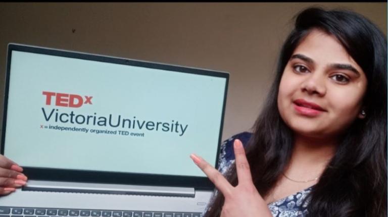 Victoria University TEDx curator, Vishwa Mehta Vishwa Mehta with TEDx VictoriaUniversity on laptop screen