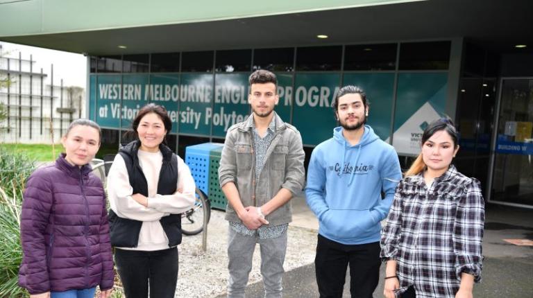 Asylum-seeker students (left to right): Yulia Nimets, Saleha Rezaie, Ahad Zaeem Aman, Sayed Inamulla Sadat and Oranos Haidary WMEP refugee students