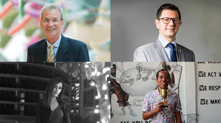 Alumni Awards 2020 winners (from top left) John Stanway, Vedran Drakulic OAM, Sameerah Arif and Januario Mok