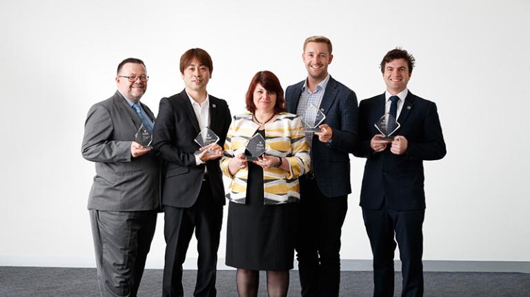 2019 Alumni Award recipients: Mark Riley, Hanatsu Nagano, Kim McAliney, Ryan Storr, Ayden Shaw. (missing-Colette Burke)