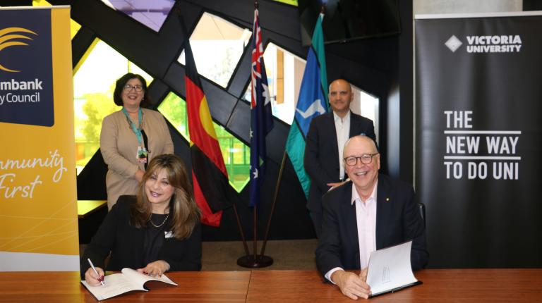 Brimbank Mayor, Cr Georgina Papafotiou, and VU's Vice-Chancellor and President, Professor Peter Dawkins, signing an MOU on Tuesday the 4th of June.