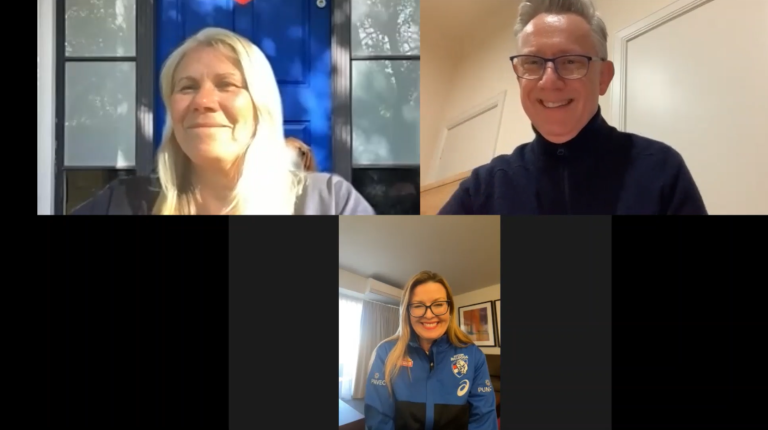 Kate Roffey (top left), Professor Adam Shoemaker (top right) and Kylie Watson-Wheeler (bottom) on a video call