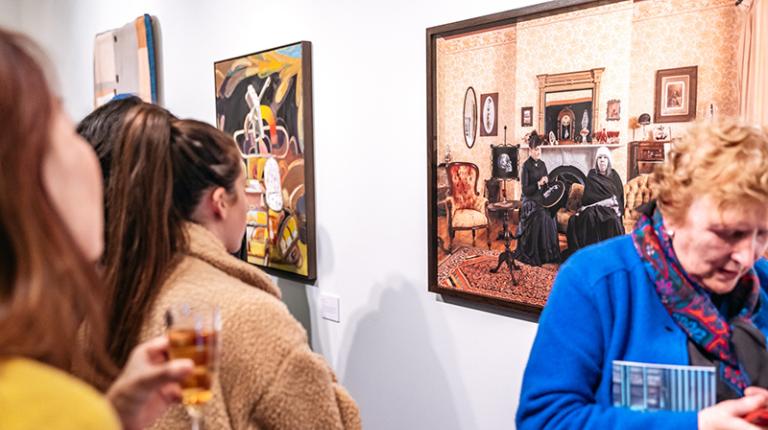 2019 Footscray Art Prize winner work by Megan Evans being viewed at the exhibition opening.