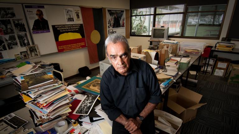 Professor Gary Foley with content for the Aboriginal History Archive Gary Foley with the Aboriginal History Archive