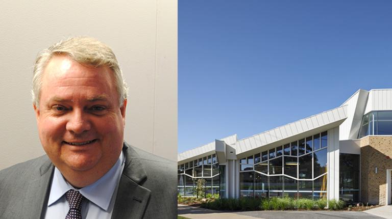 Portrait of Hume City Council Manager of Economic Development, George Osborne, alongside a photo of the Global Learning Centre in Sunbury