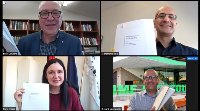 VU's Vice-Chancellor, Professor Peter Dawkins, and Vice-President Resources & Precincts, Professor Richard Constantine, met online with Hume City Council Mayor, Cr Carly Moore, and CEO, Domenic Isola, to sign an MOU.