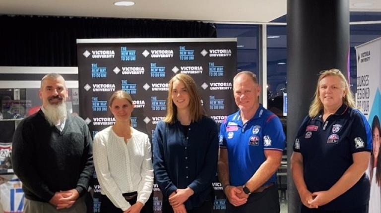 Professor Andrew McAinch, Dr Michaela Pascoe, Dr Emily Cust, Nathan Burke, Rohenna Young VU sport research experts & industry footy coaches pose for the camera
