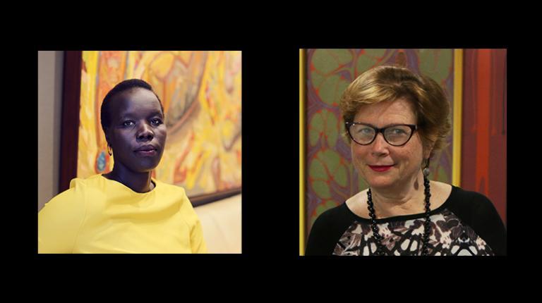 Ms Nyadol Nyuon Professor Kathy Laster Composite image of 2 portrait shots: an African woman in yellow, and older white woman with glasses