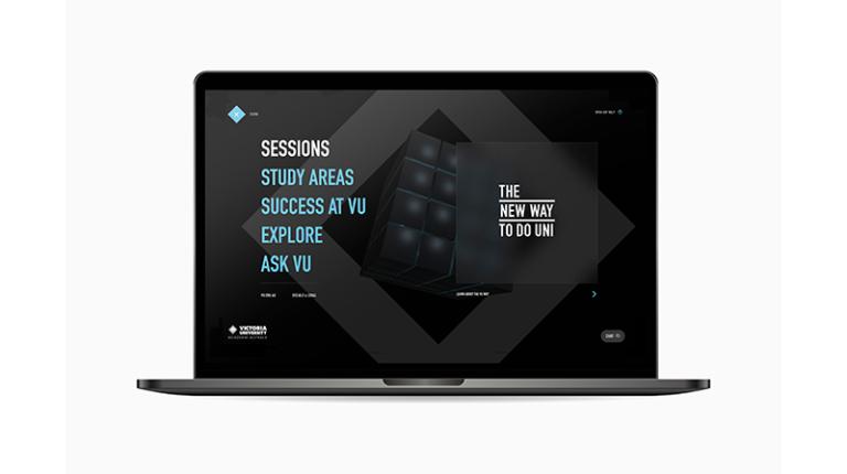 Laptop screen with copy in VU brand colour: Sessions, Study at VU, Explore, Ask VU and logo 'The New Way to do Unit'