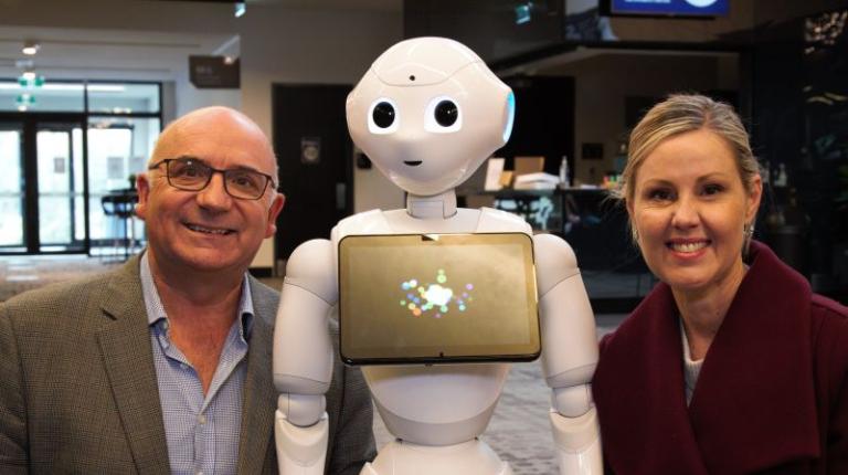 Wyndham GP Dr Joe Garra, Pepper the robot, and Wyndham Tech School Director Gail Bray Wyndham GP Dr Joe Garra, Pepper the robot, and Wyndham Tech School Director Gail Bray