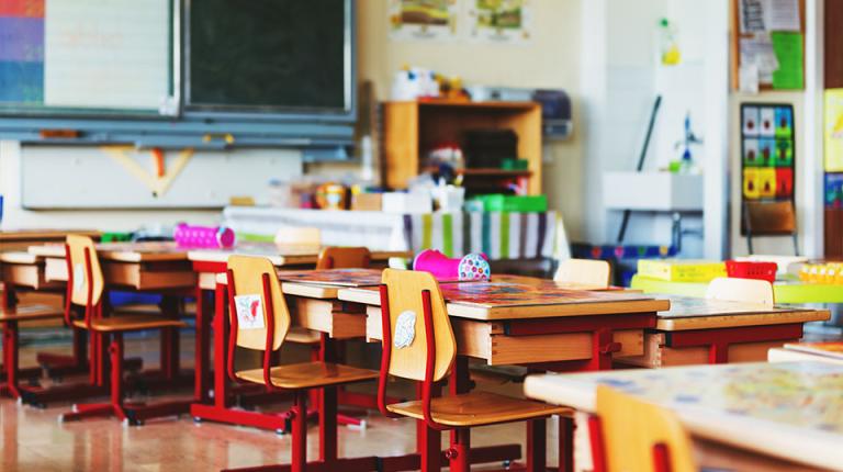 Primary school classroom with no students