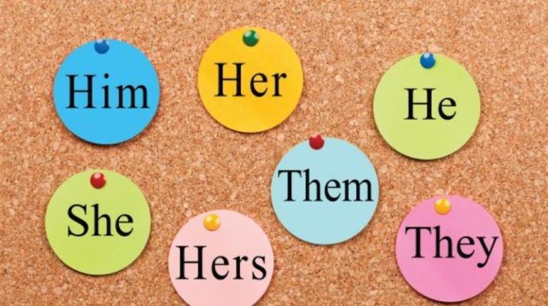 Pronoun buttons in English: He, Her, Him, She, Them, Hers, They