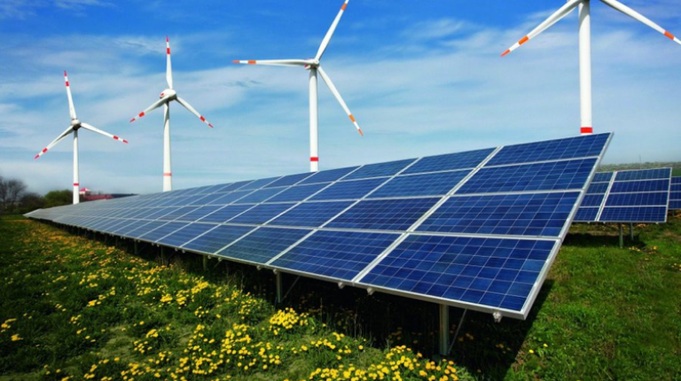 Renewable energy, wind turbines and solar panels.